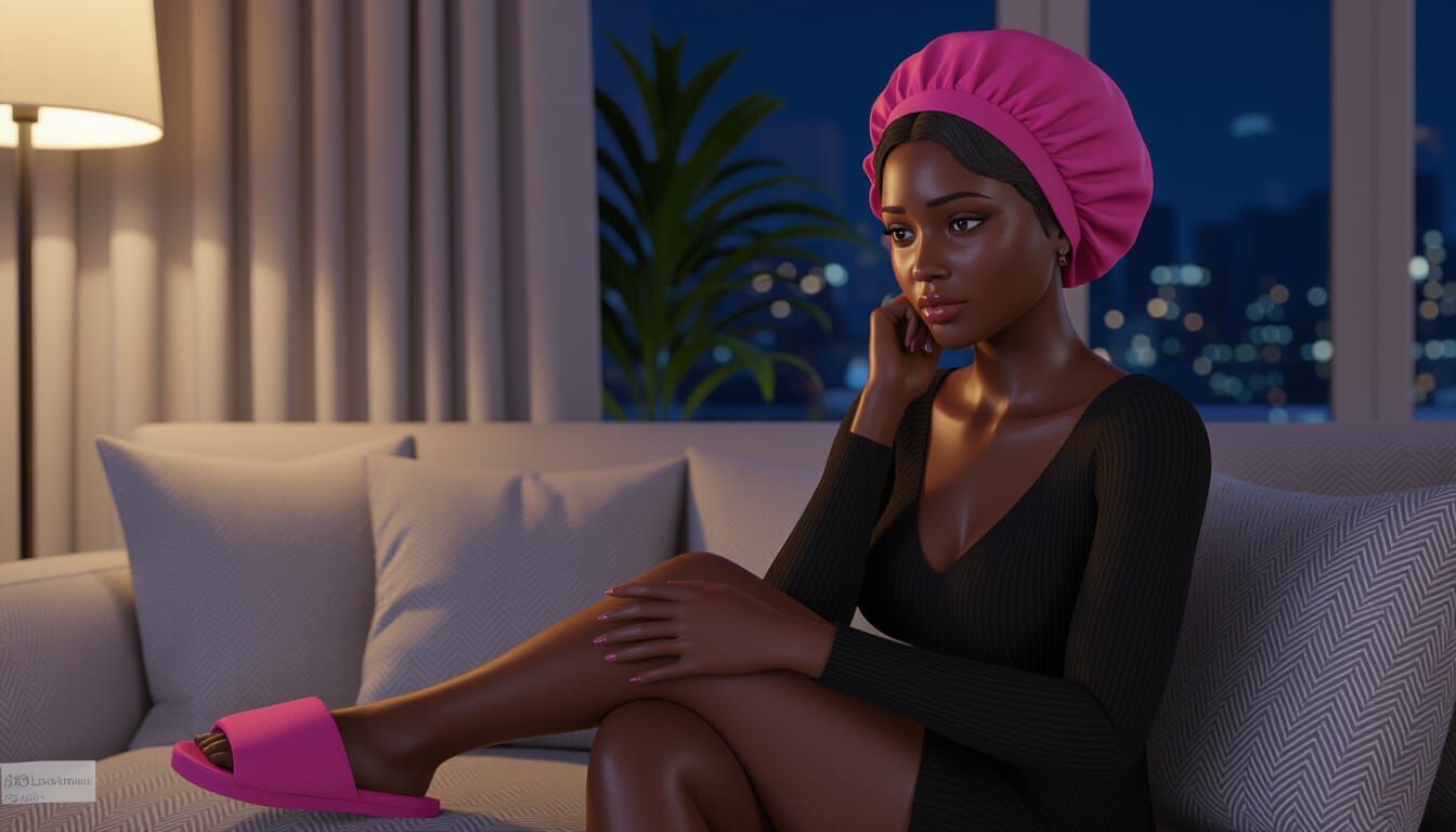 Sad African Woman in Pink Bonnet, Luxurious Apartment