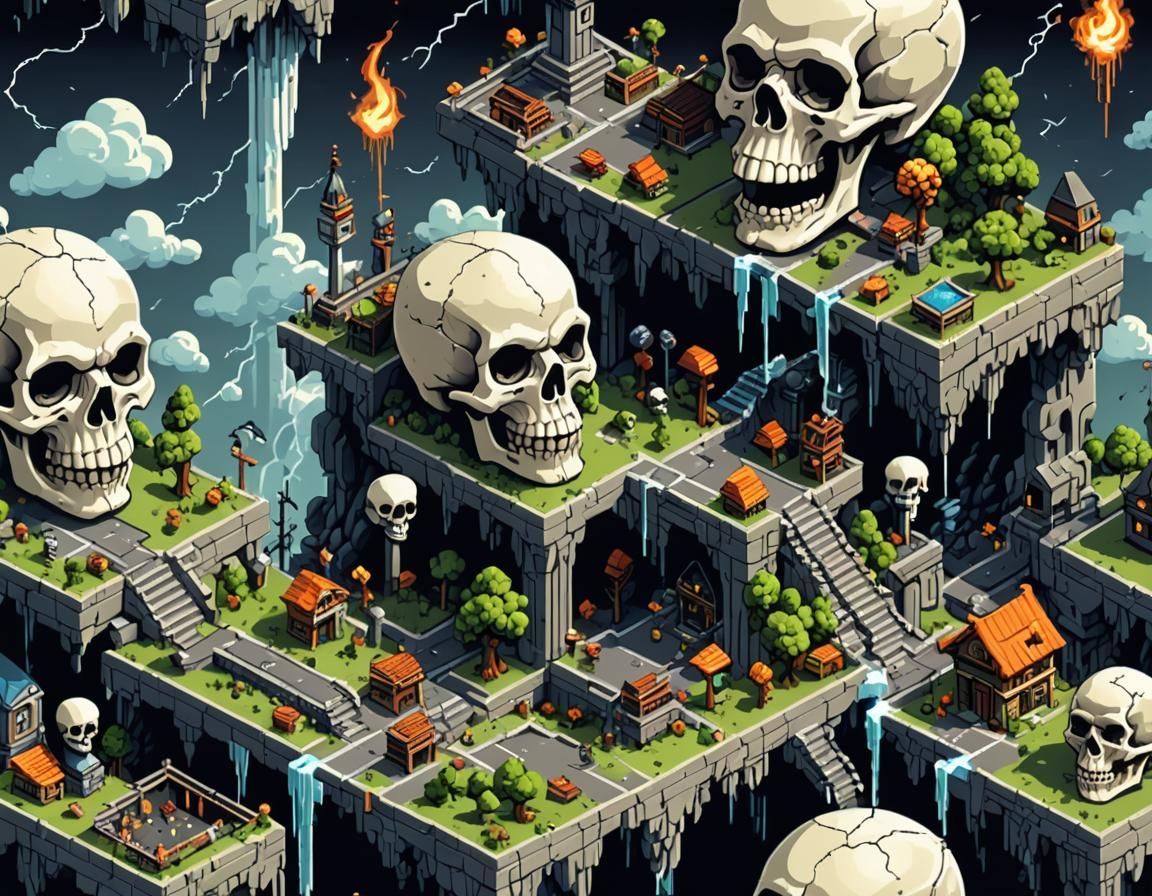 Pixel Art Skull City Level Design with Tornado