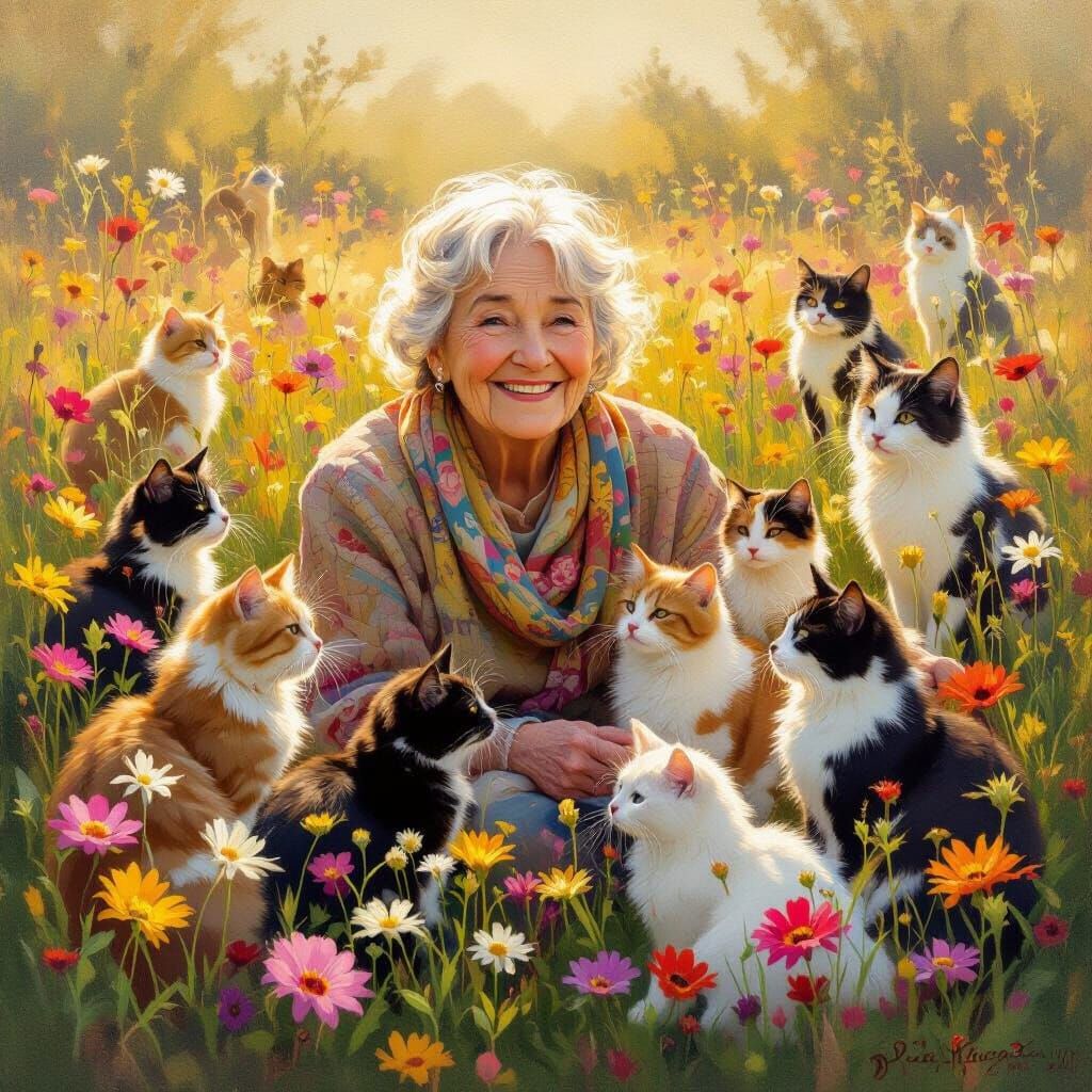 Elderly Woman with Cats in Flower Meadow, Impressionist Styl...