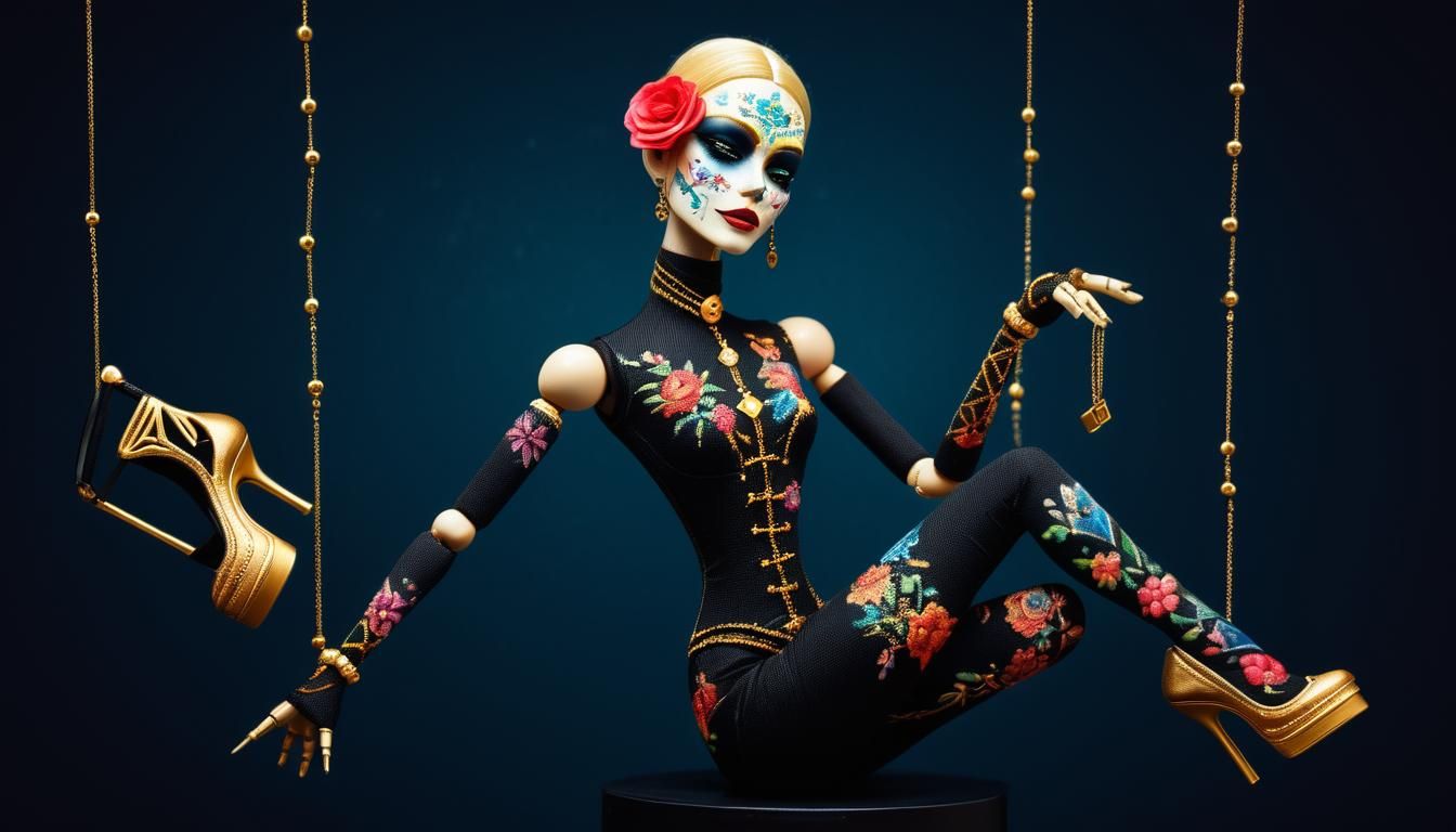 Muscular Marionette with Floral Tattoos and Gold Jewelry