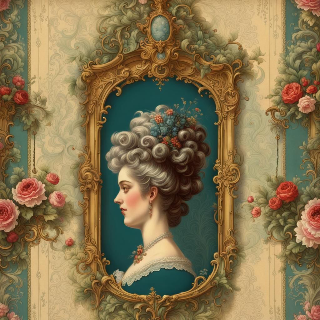 Victorian Lady Rococo Painting on Vintage Paper