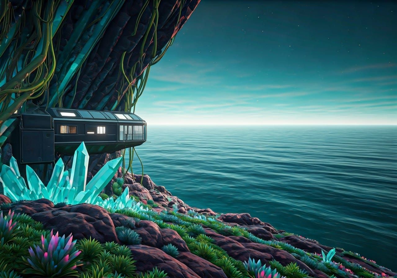 Surreal, High-Tech Oasis on Iridescent Cliffside