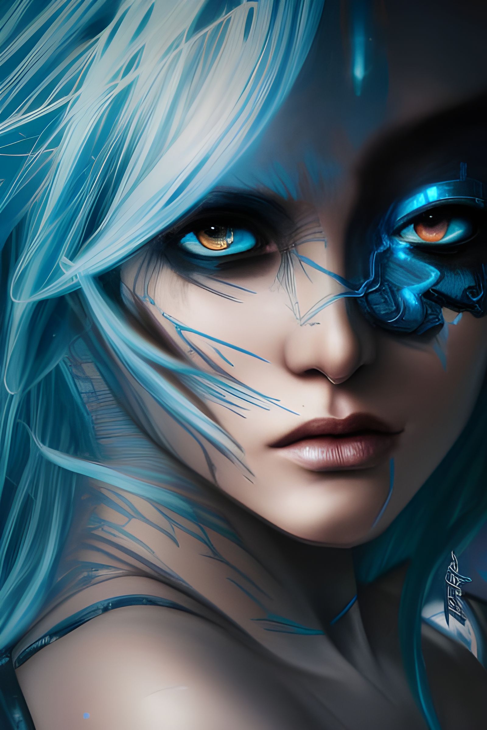 Cyberpunk Dark Elf Goddess with Blue Hair