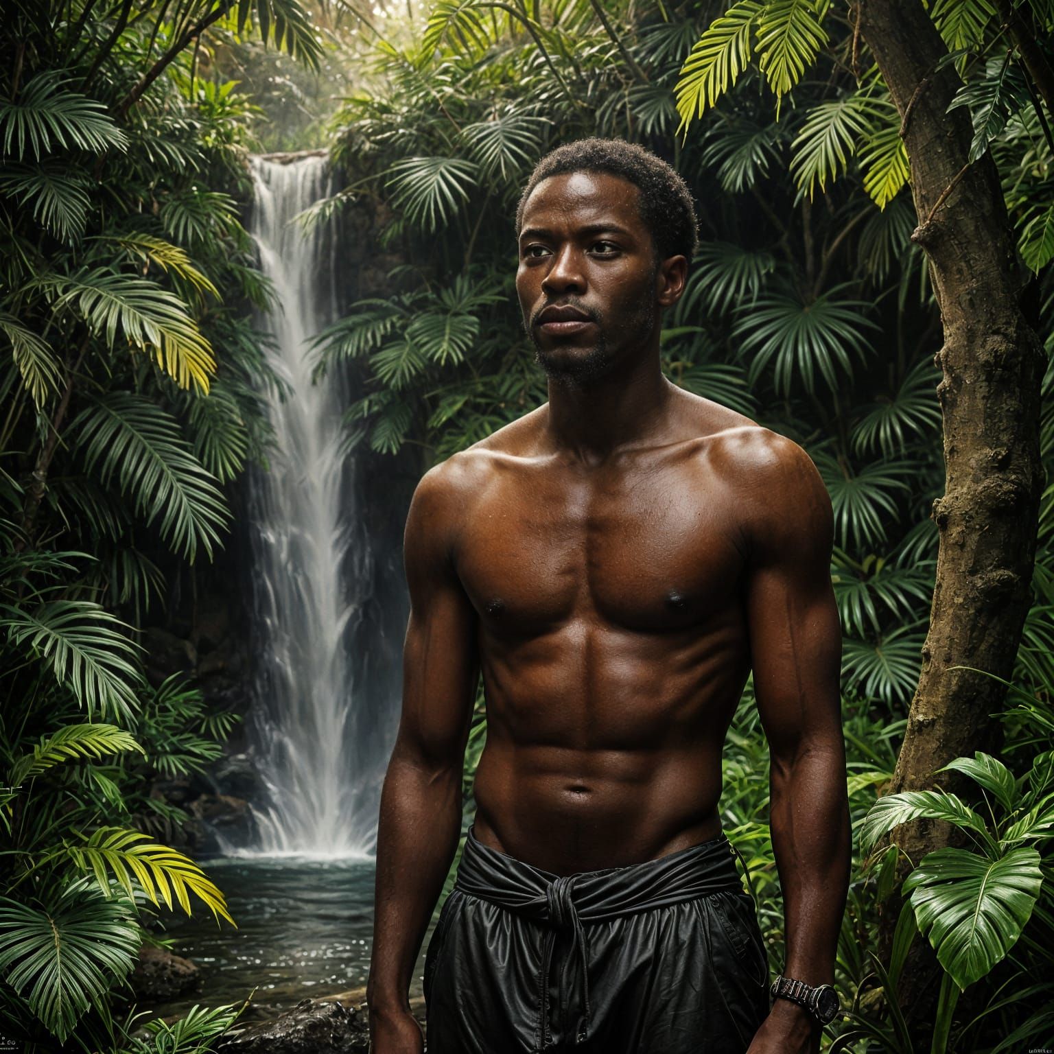 Brooding African Man at Waterfall: Baroque Oil Painting