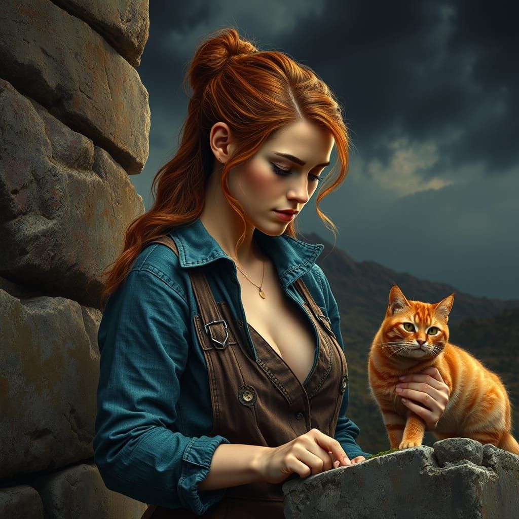 Female Stonemason Chiseling Wall with Cat, Hyperrealistic St...