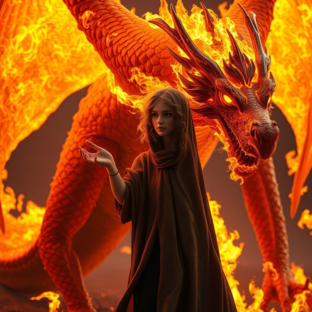 Fiery Woman Interacts with Fire Dragon in 3D Art