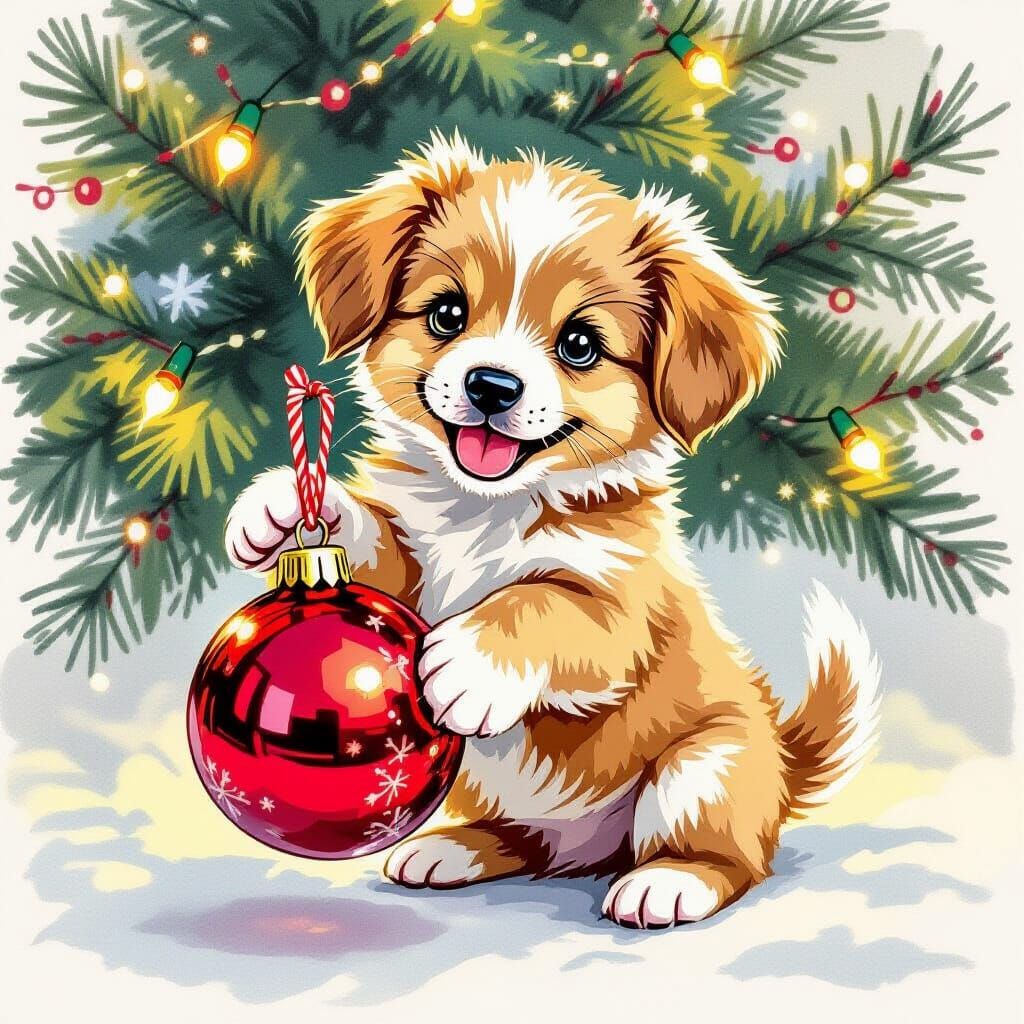 Happy Puppy Holds Christmas Bauble in Hand-Drawn Style