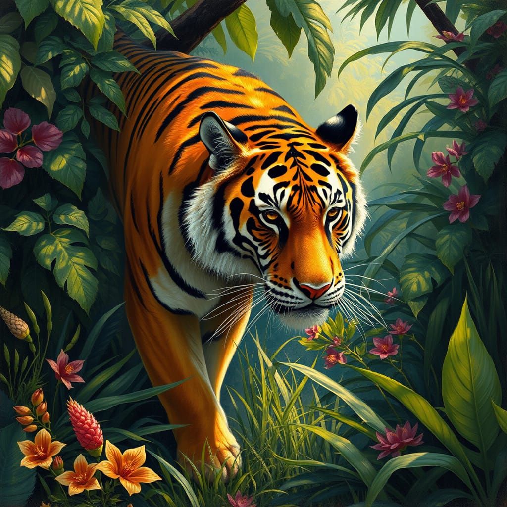 Majestic Tiger in a Tropical Jungle Paradise