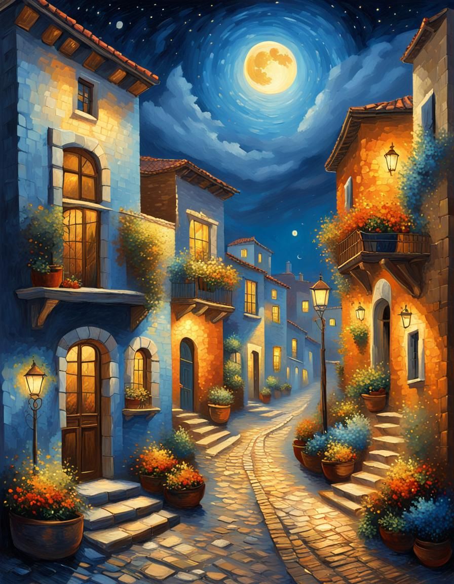 Mediterranean Town Street at Night in Warm Acrylic Style