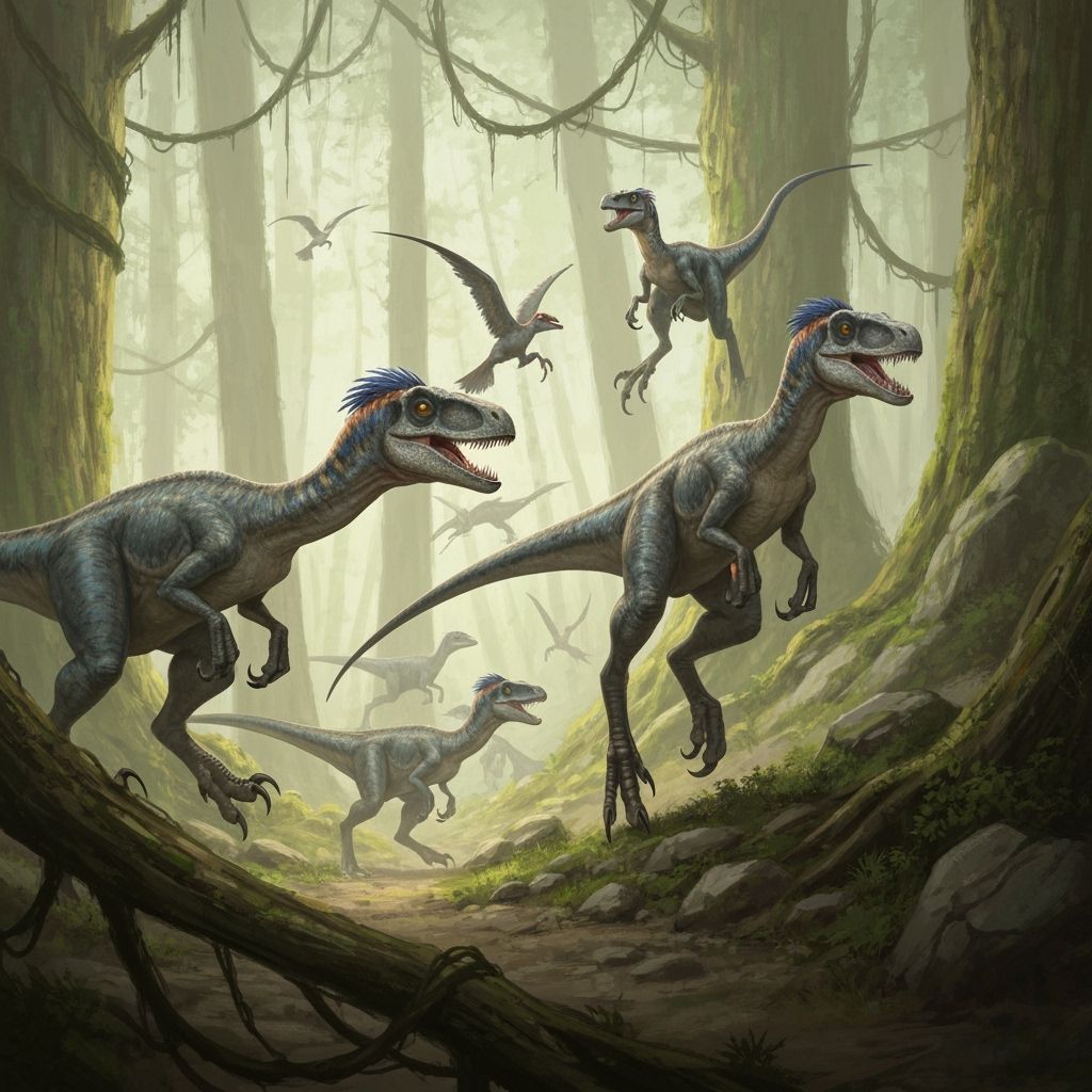 Velociraptor Pack Hunt in Prehistoric Forest: Digital Painti...