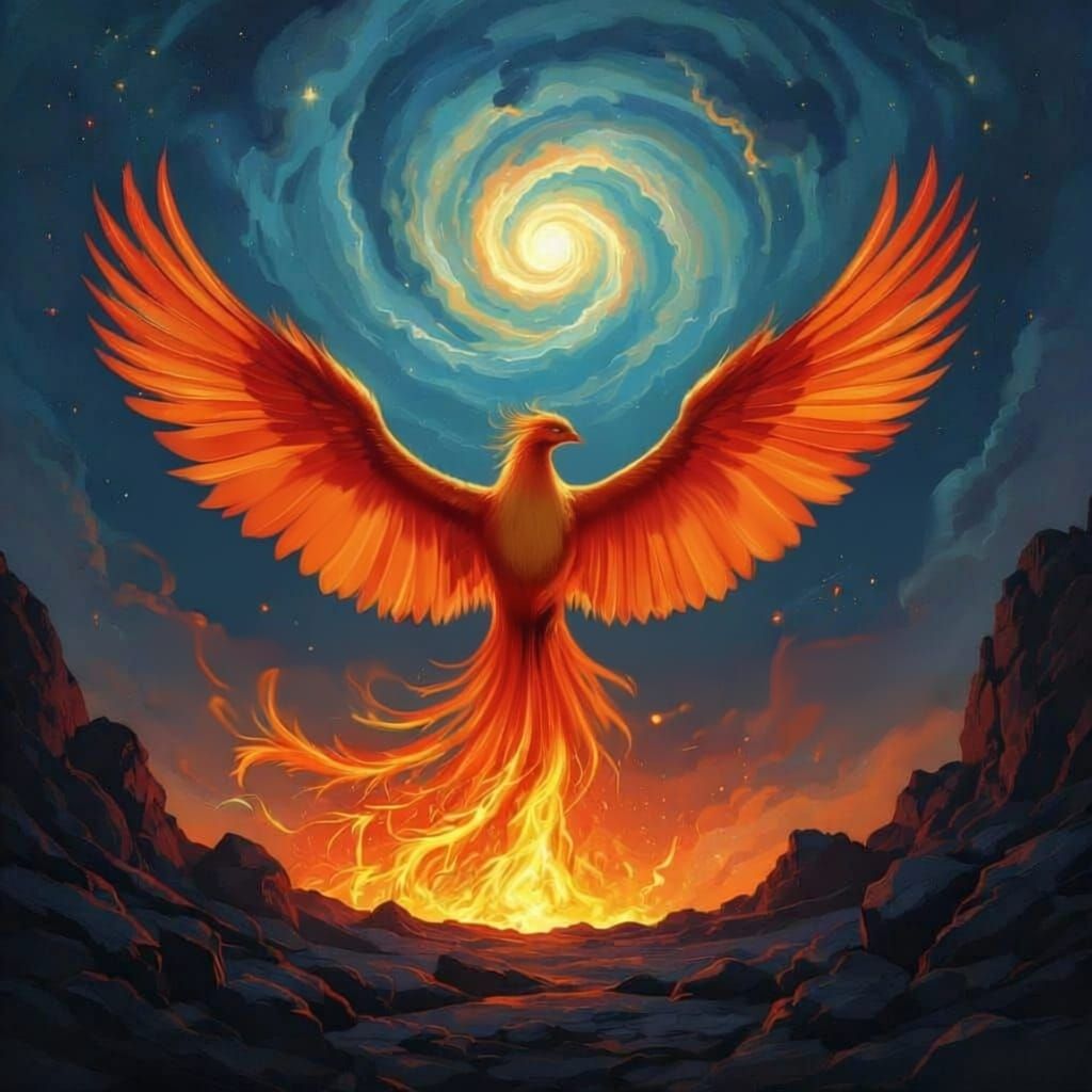 Majestic Phoenix Erupts from Fiery Caldera in Nebula Sky
