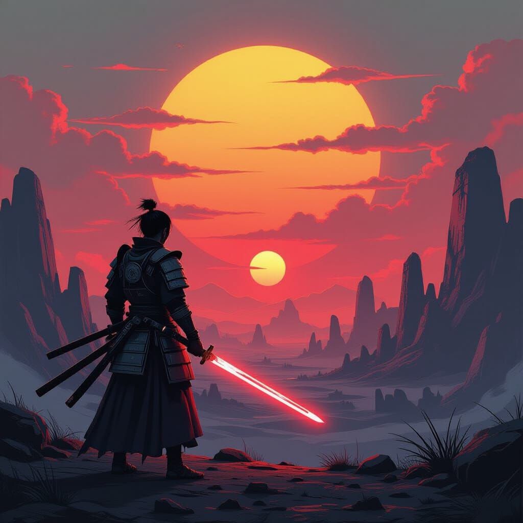 Crimson Samurai Warrior on Alien Planet