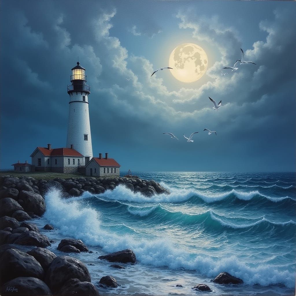 Lighthouse Under Stormy Night Sky with Seagulls