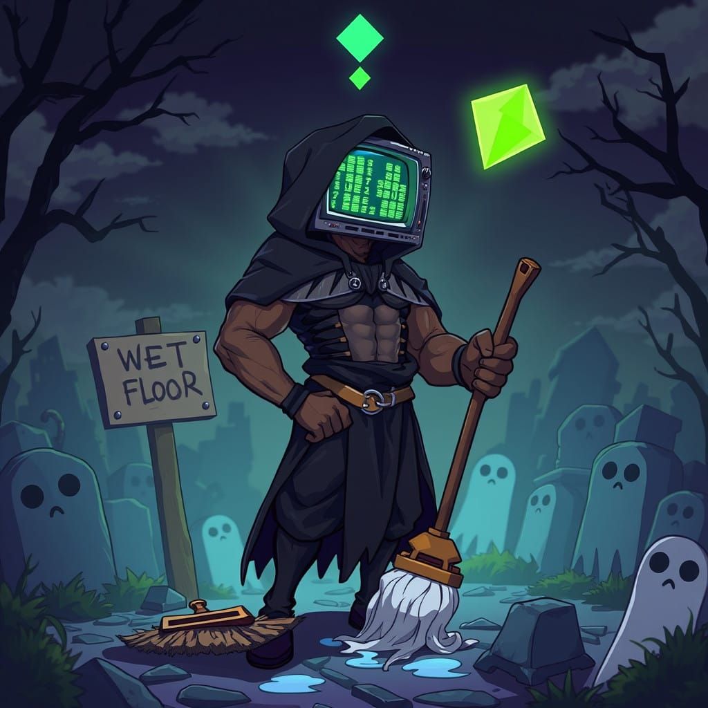 Muscular Anime Hero Defies Grim Reaper with Mop and Broom in...