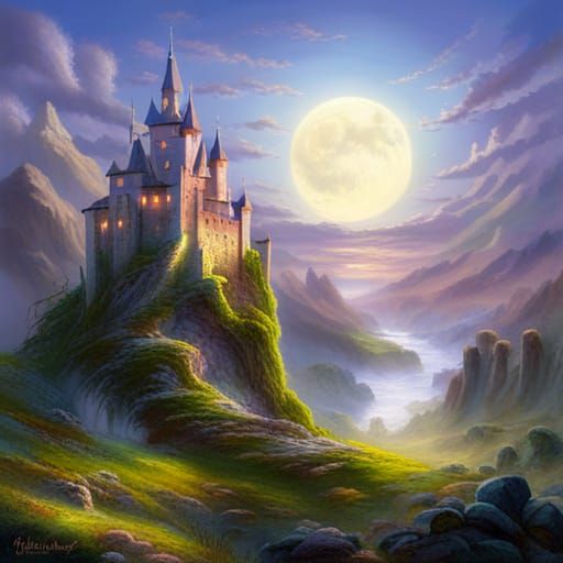 Mossy Castle Ruins in Misty Moonlight, Ethereal Fantasy