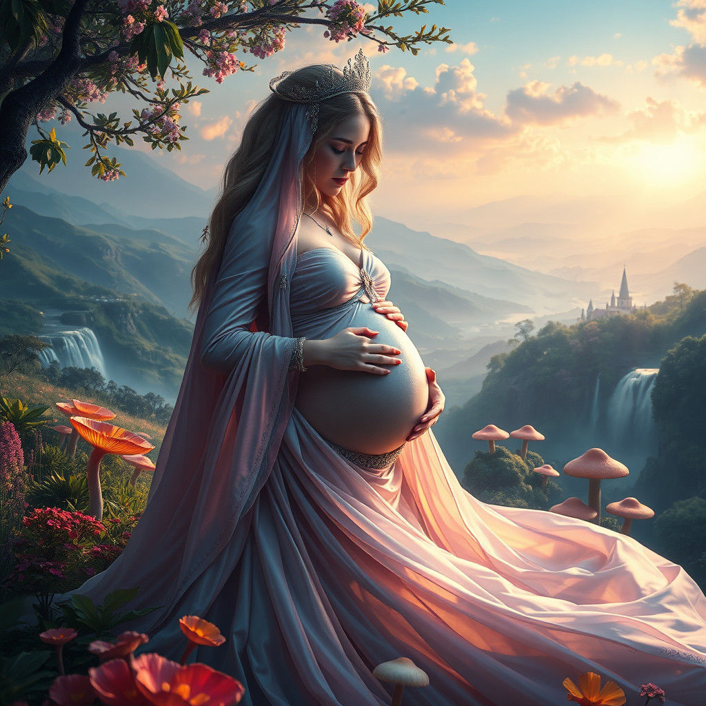Ethereal Pregnant Woman in a Dreamlike Landscape