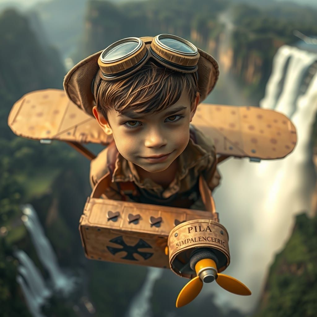 Boy Soaring in Cardboard Biplane Over Amazon Waterfall