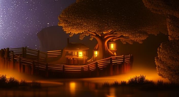 Fairytale Treehouse at Night in Snowy Landscape