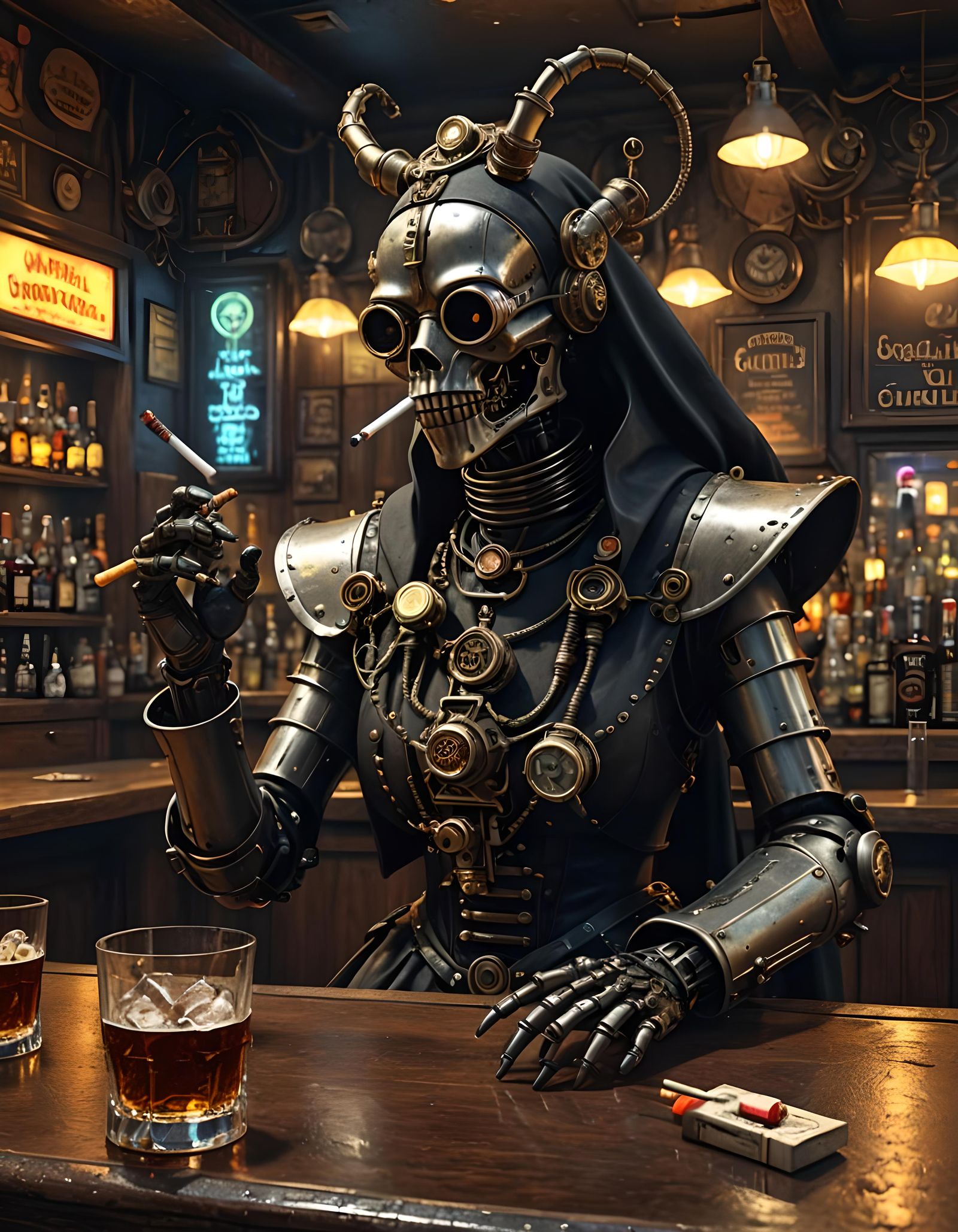 Steampunk Robot Nun in Satanic Dive Bar