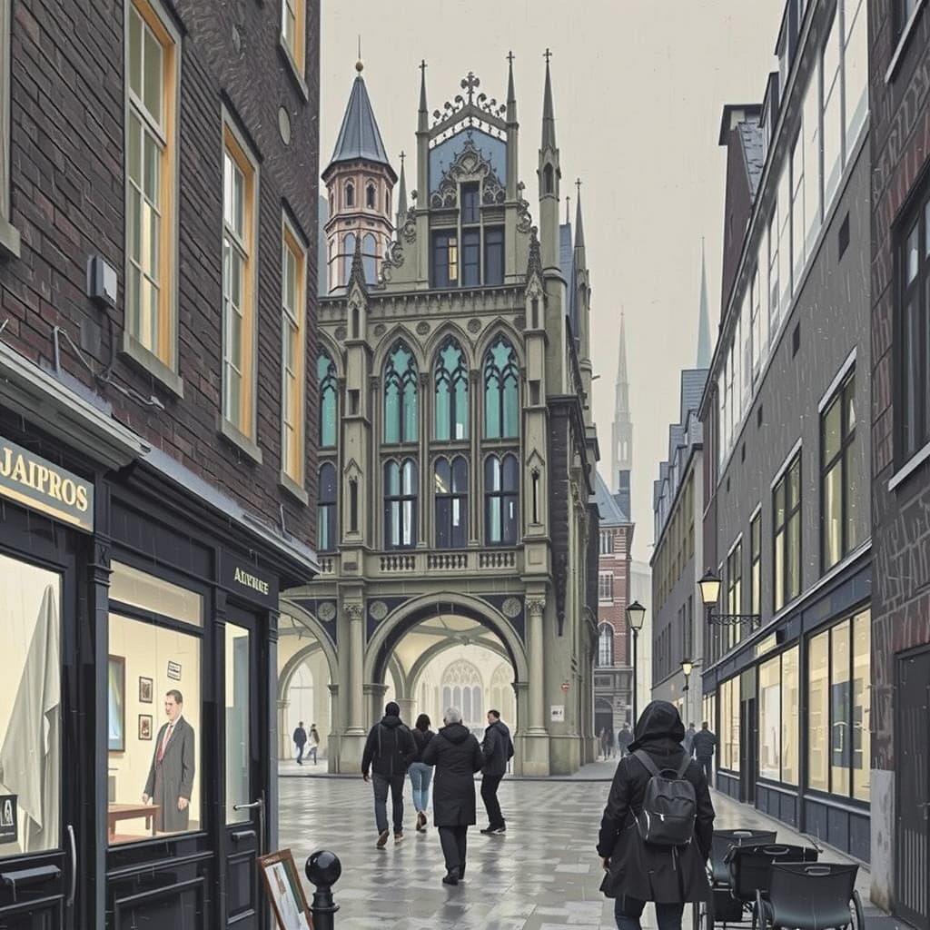 Gothic Quarter Rainy Day in Neo-Cubist Style