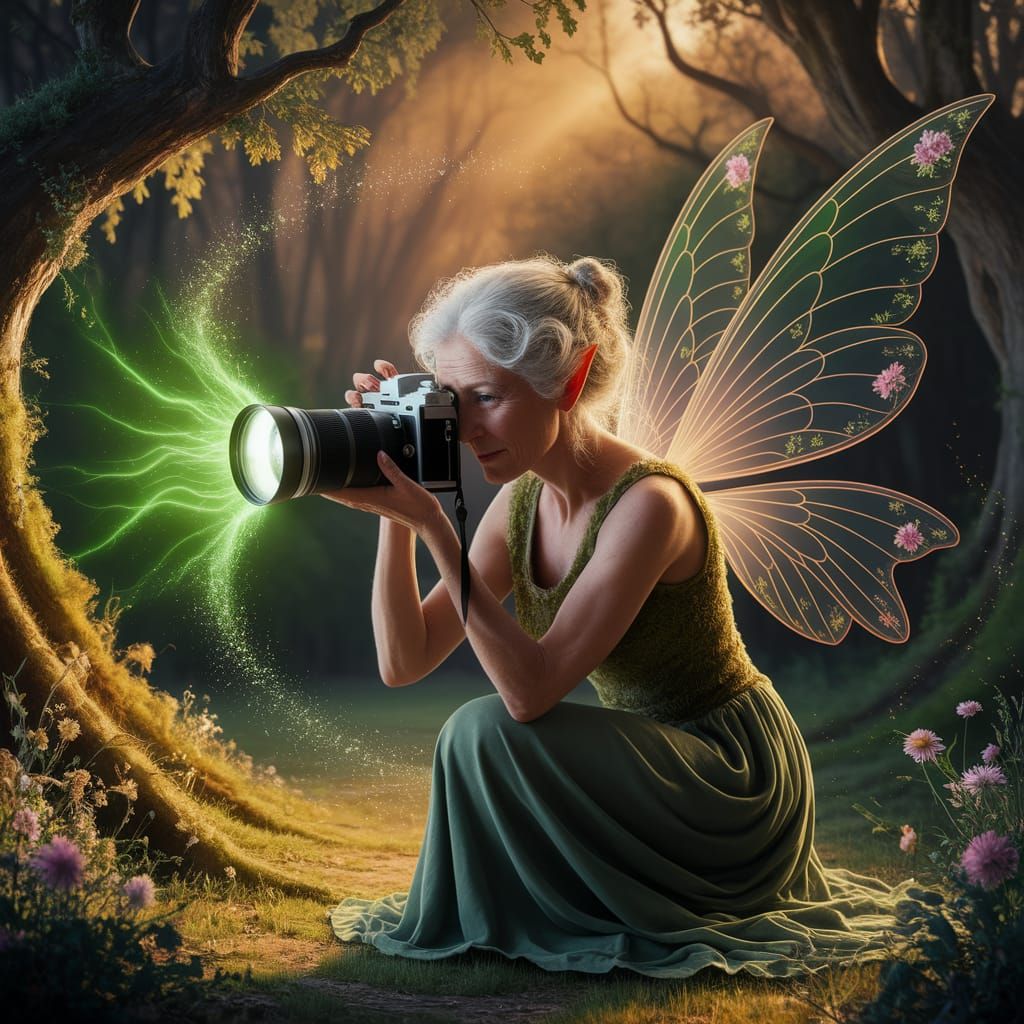 Elderly Fairy Photographer in Annie Leibovitz Style