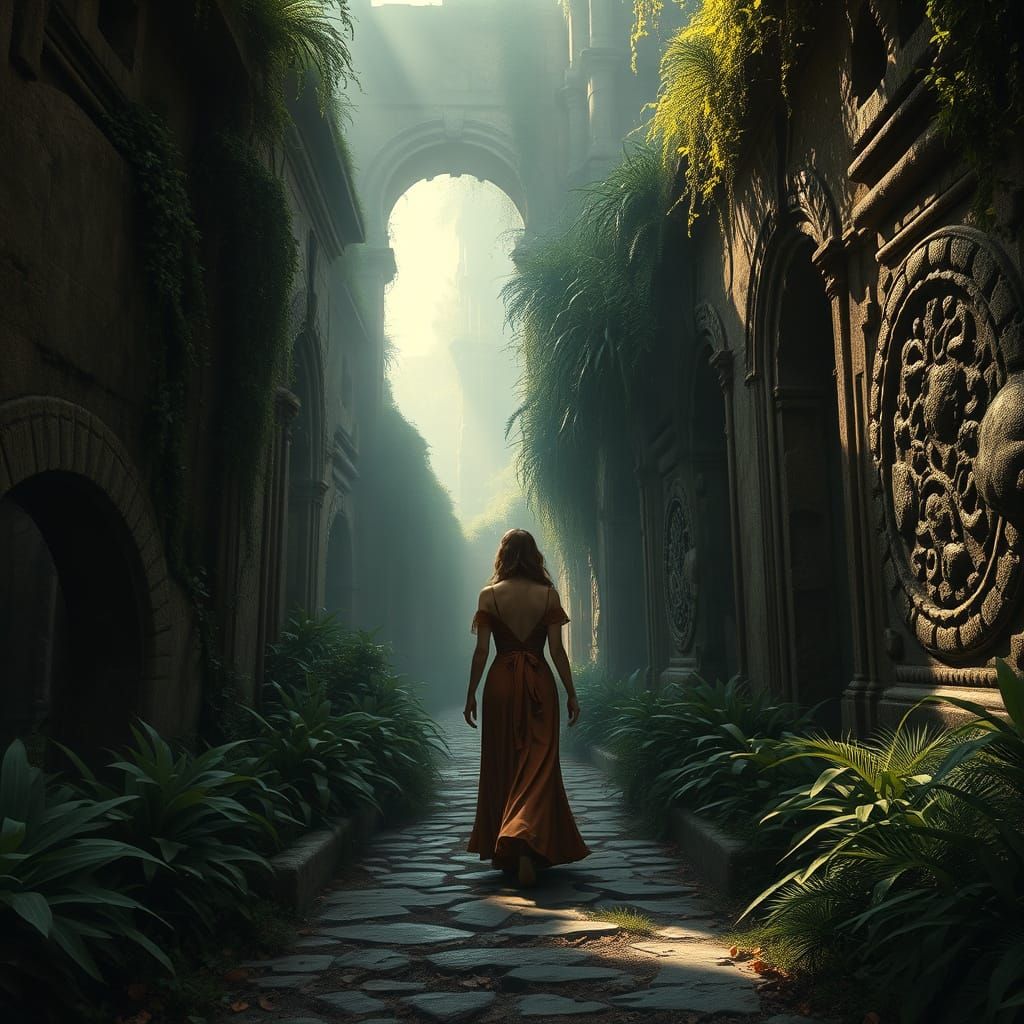 Elegant Woman Walks Ancient Ruined Pathway