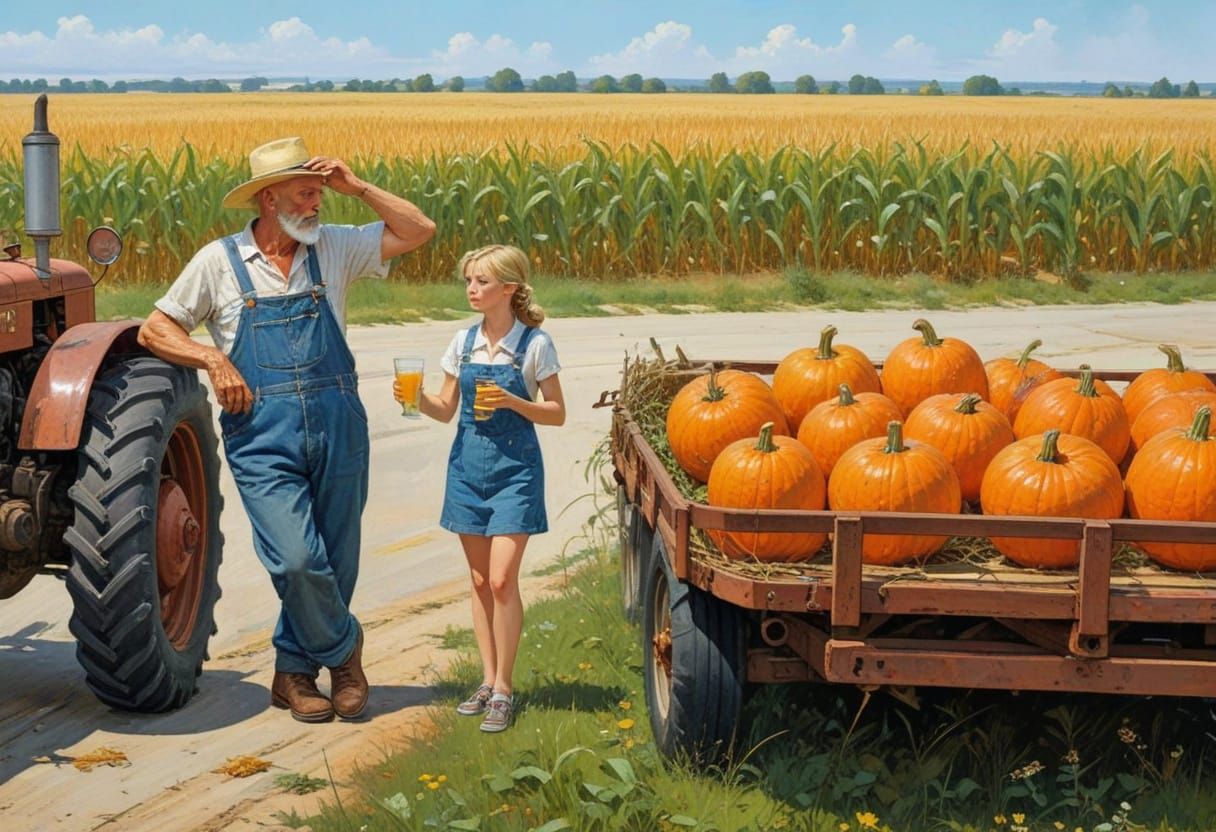 Nostalgic Farm Scene: Man and Girl with Pumpkins