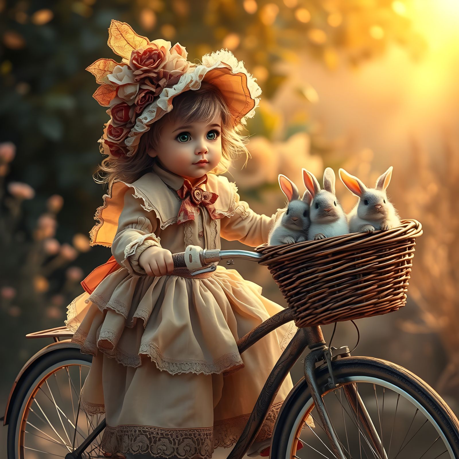 Whimsical Child Pedals Vintage Bicycle with Fluffy Bunnies i...