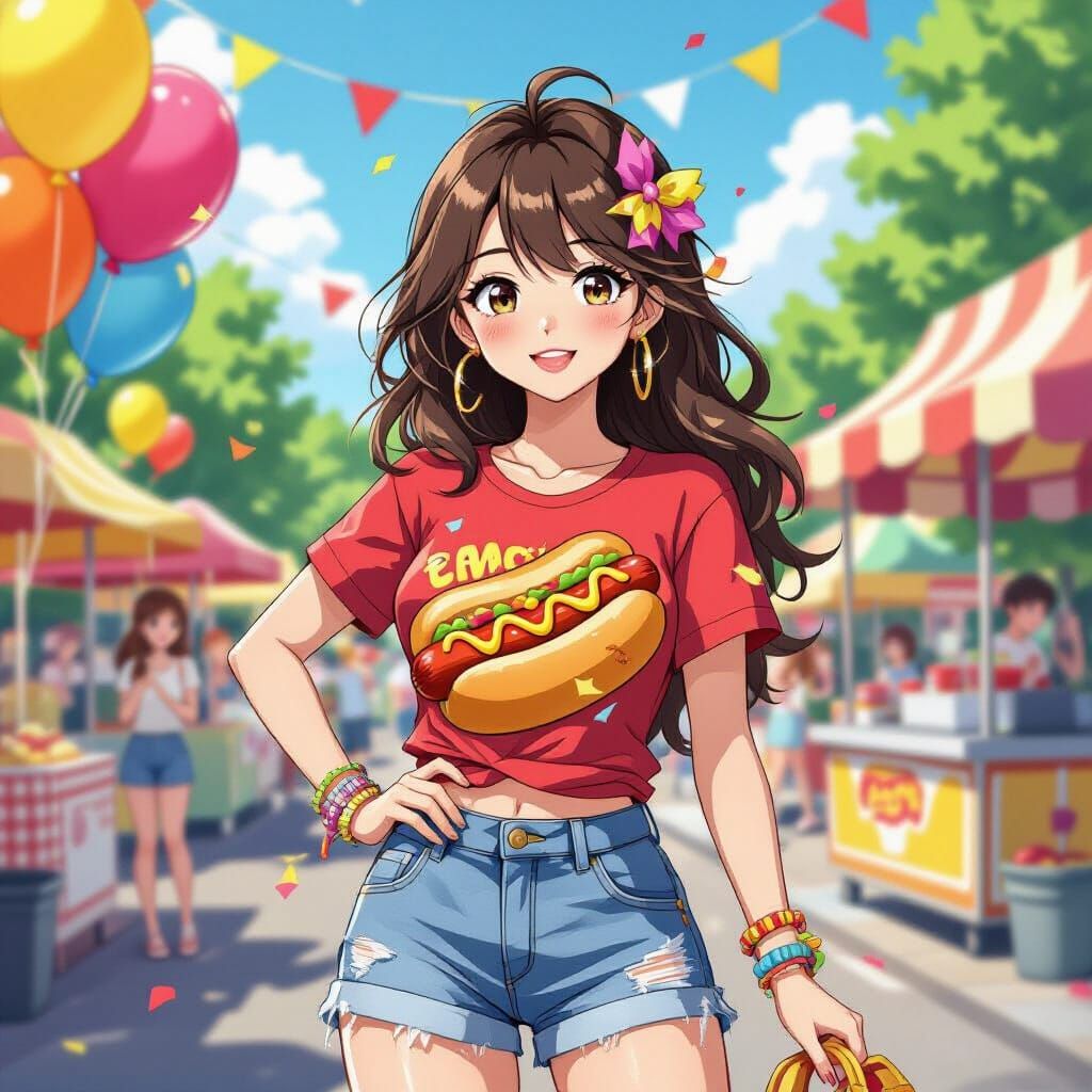 Confident Cartoon Model in Hot Dog Outfit, Anime Style