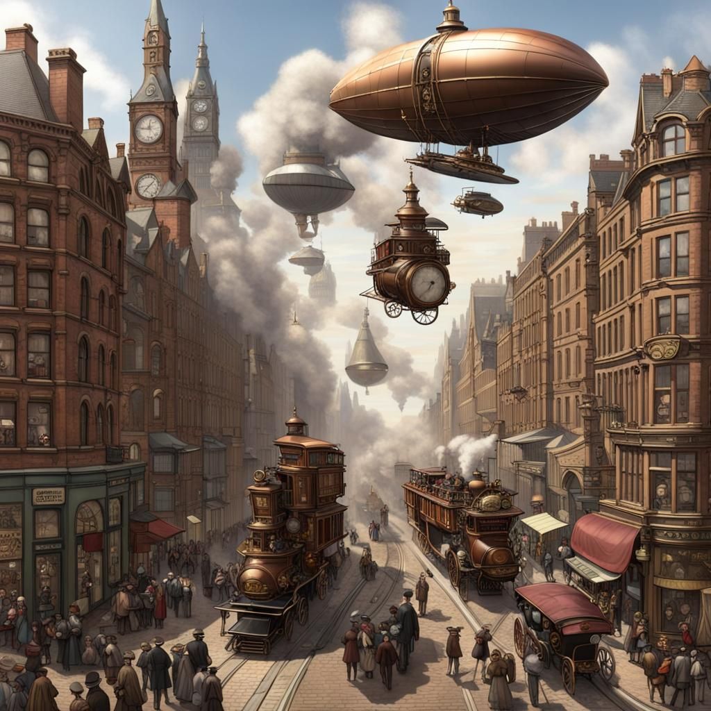 Steampunk Victorian Cityscape with Zeppelins