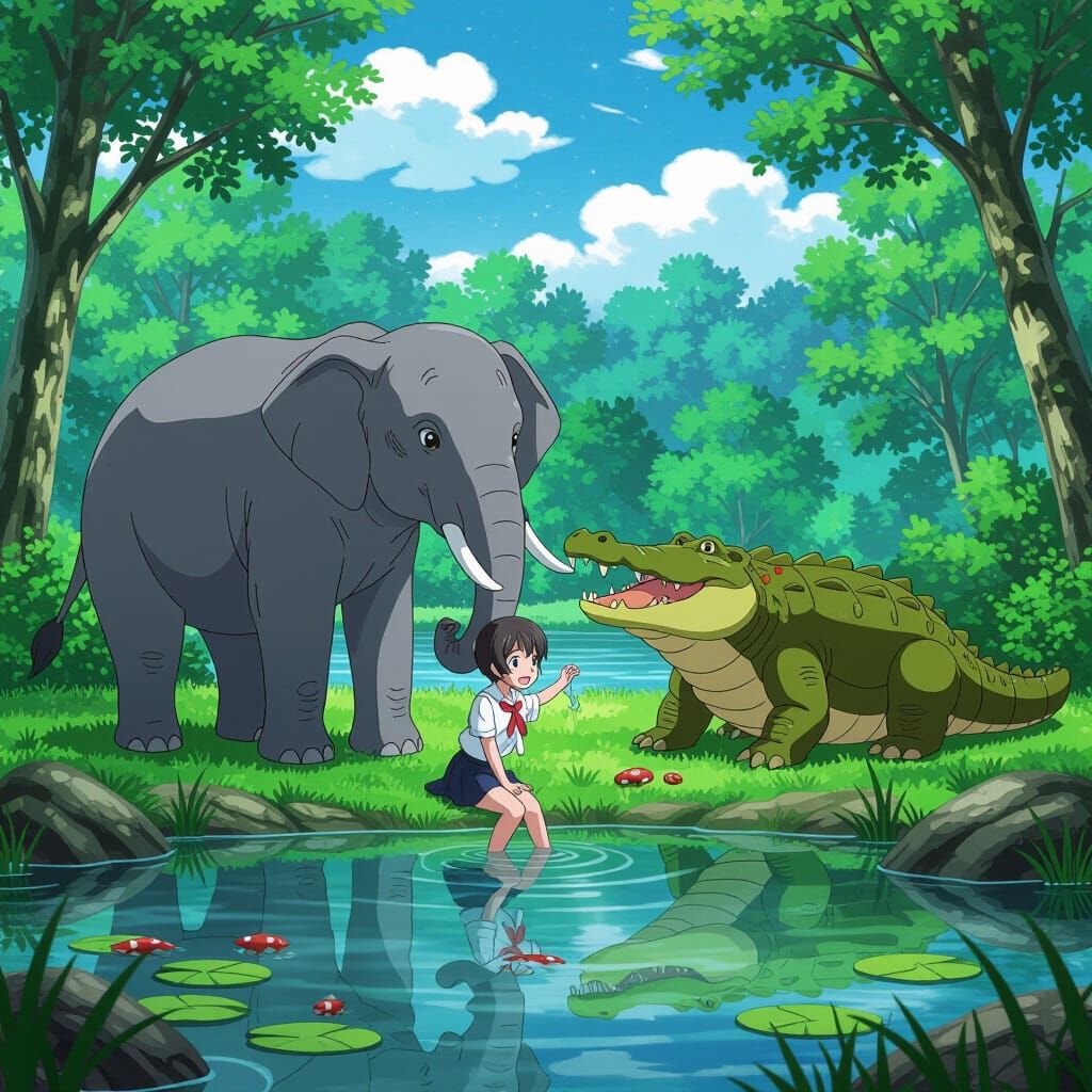 Anime Elephant and Crocodile Play Near Lake