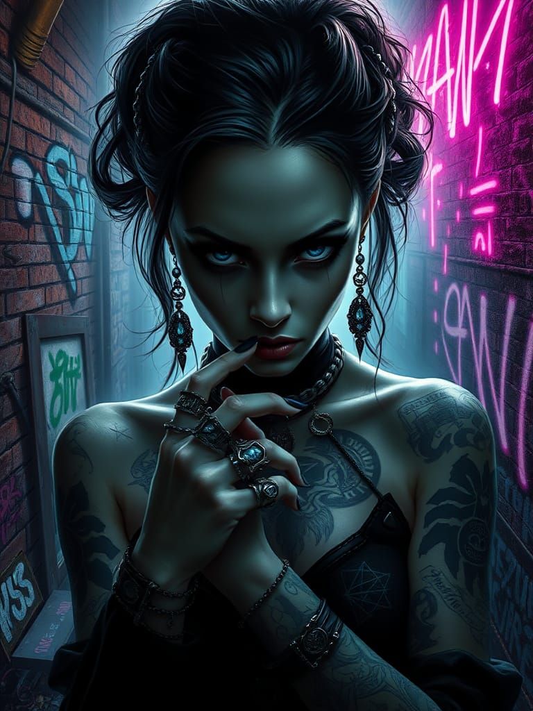 Mystical Goth Girl in Grungy Cyberpunk Cityscape