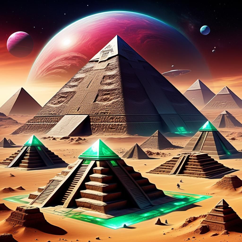 Intergalactic Landscape with Pyramids and Ancient Tech