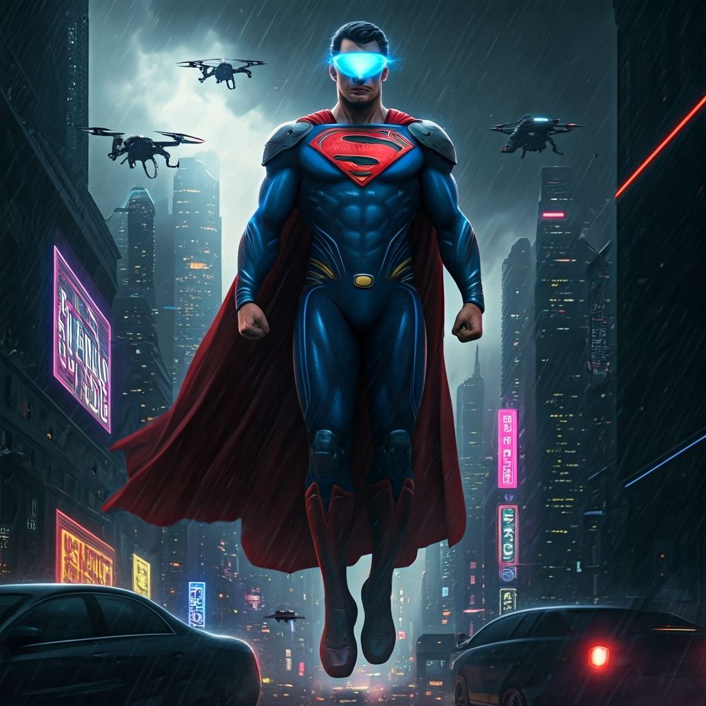 Cyberpunk Superman in Neon Exosuit Hovering Over Megacity