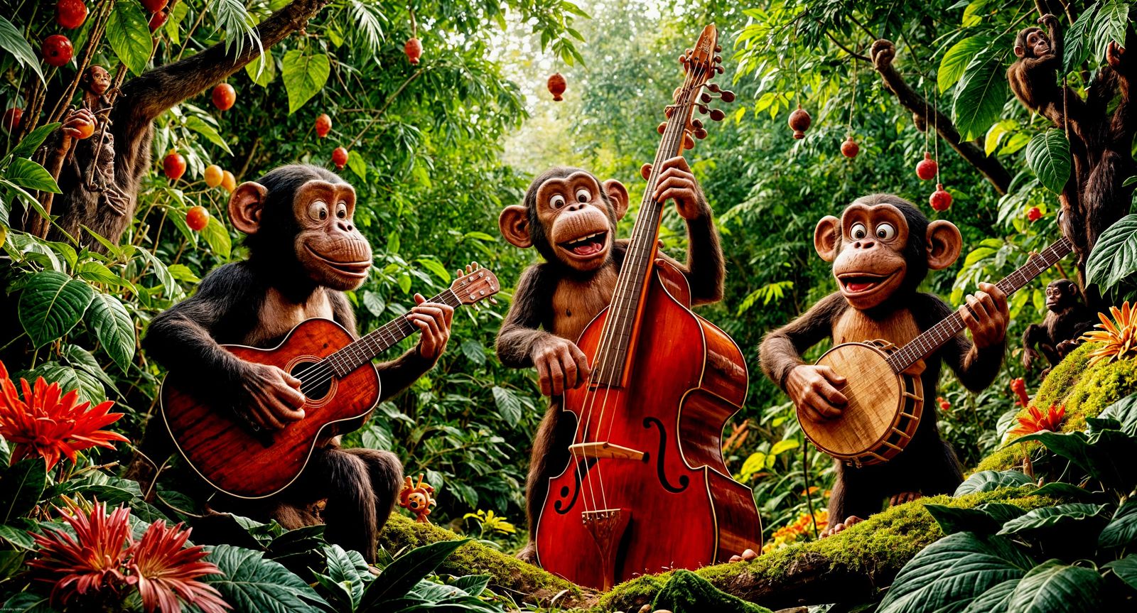 A claymation all chimpanzee three-piece Bluegrass band.