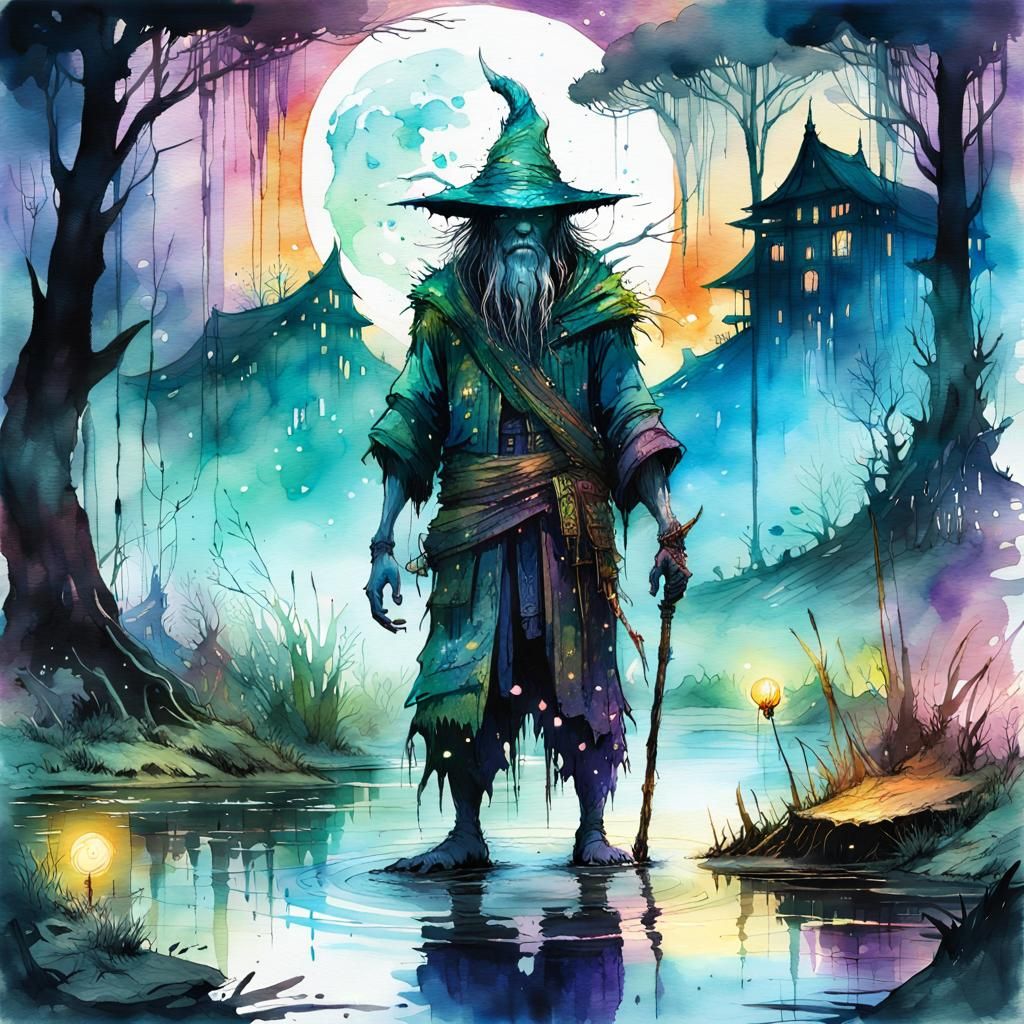 Monster Wizard in Sci-Fi Swamp: Watercolor Art