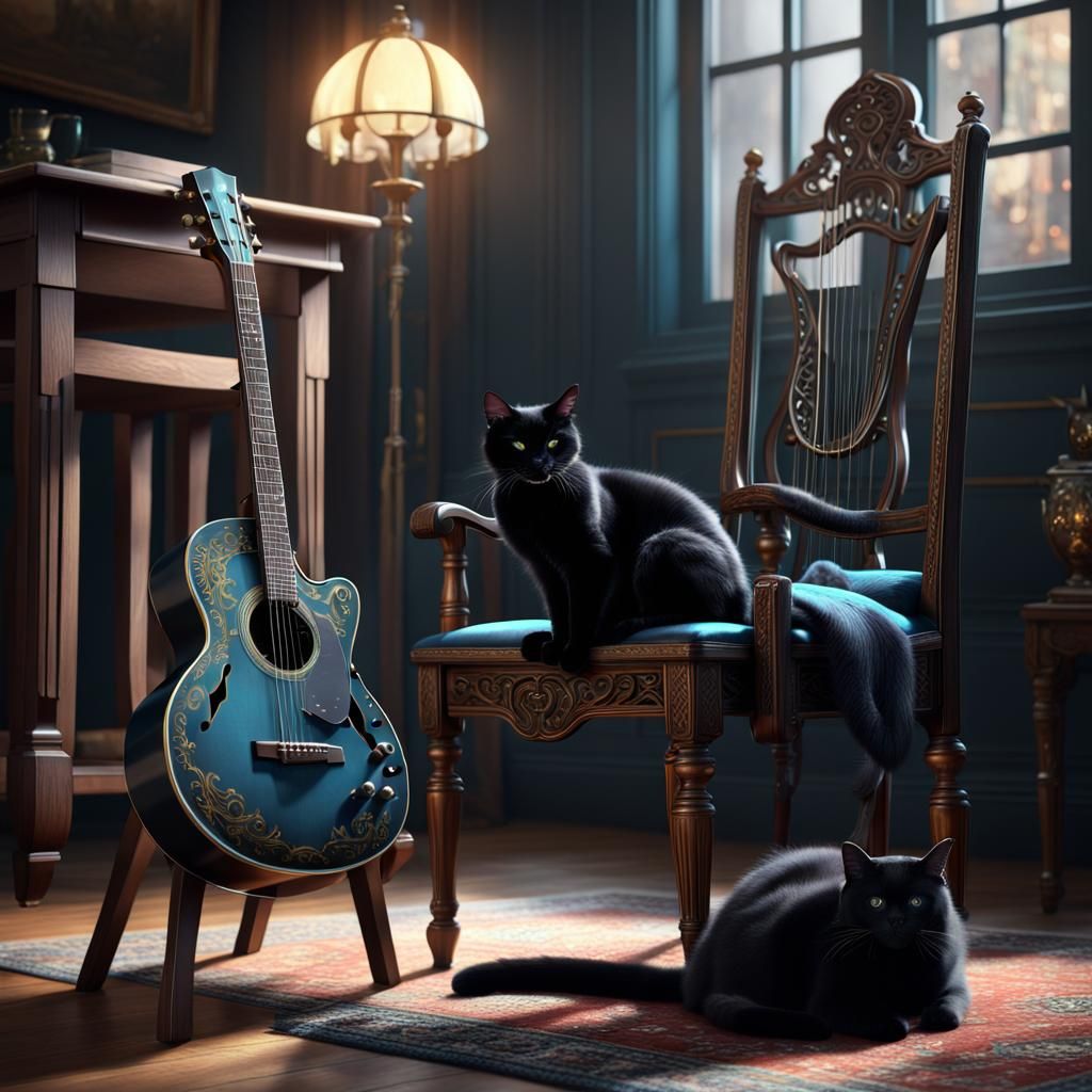 Guitar and Cat: Detailed Matte Painting