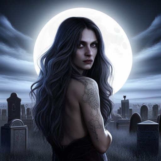 Gothic Woman in Cemetery at Full Moon