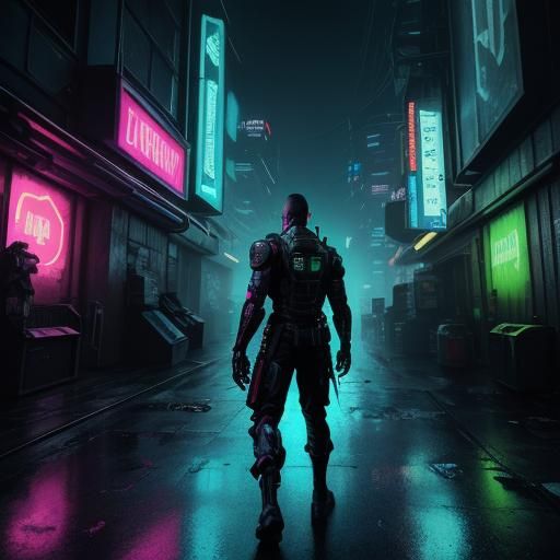 Cyberpunk Mercenary in Neon Alleyway