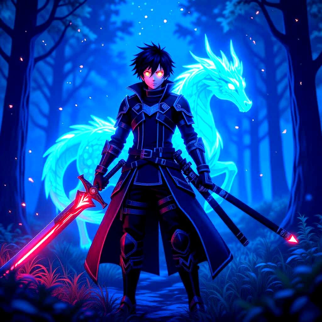 Heroic Swordsman in Starlit Forest: 3D Anime Art