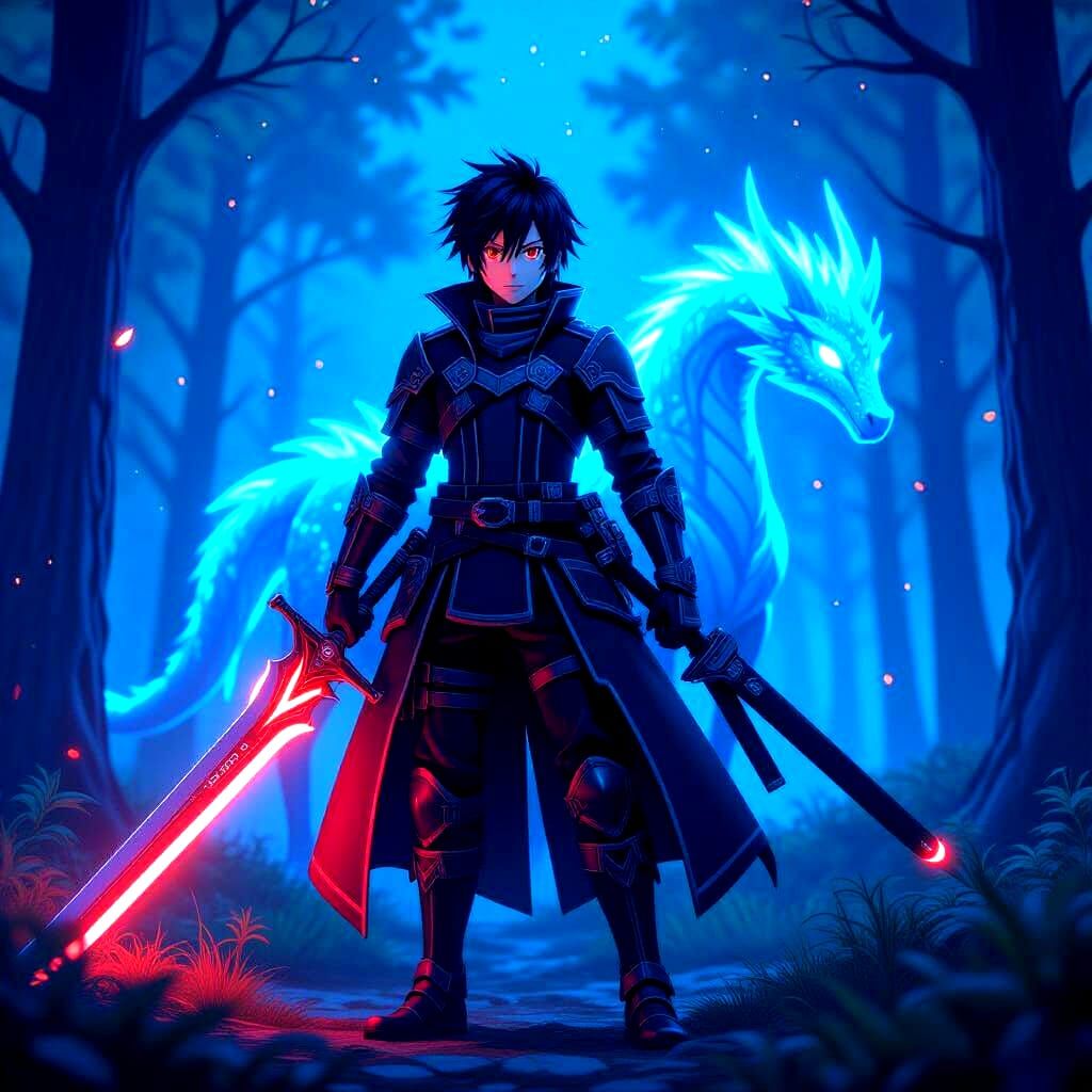 Kirito in Starlit Forest with Dragon, as 3D Anime Art