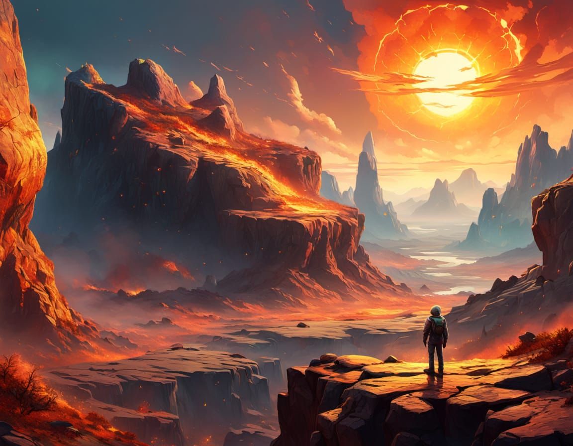 Alien on Rocky Cliff in Vibrant Oil Painting