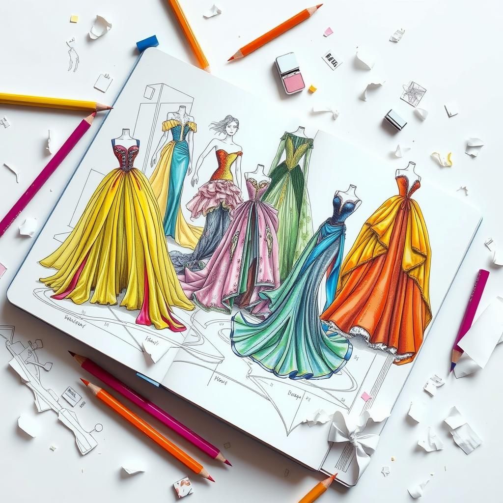 Haute Couture Gowns in 3D Digital Sketchbook Style