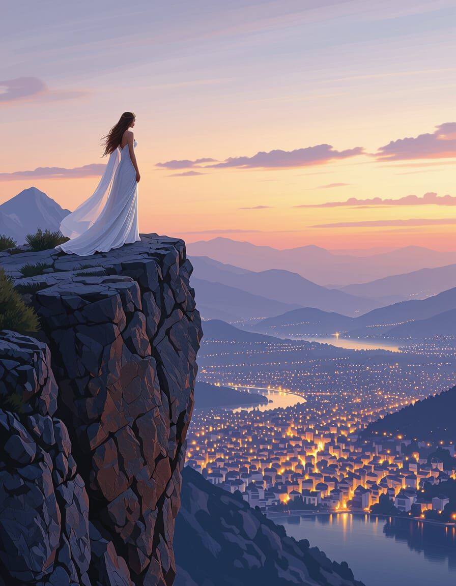 Majestic Goddess Overlooks Evening City in Rembrandt Style