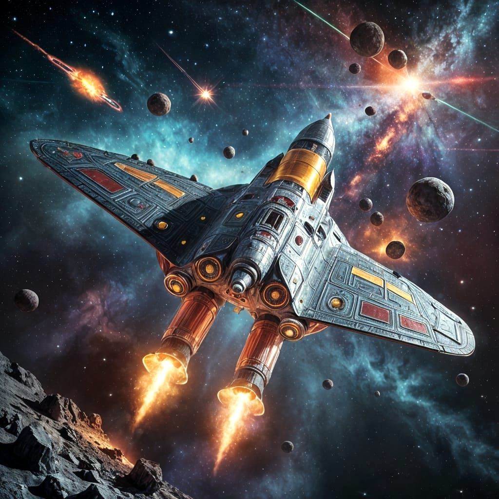 Retro-Futuristic Rocket Soaring Through Space