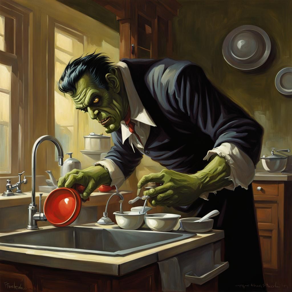 Sinister Frankenstein's Monster Washing Dishes