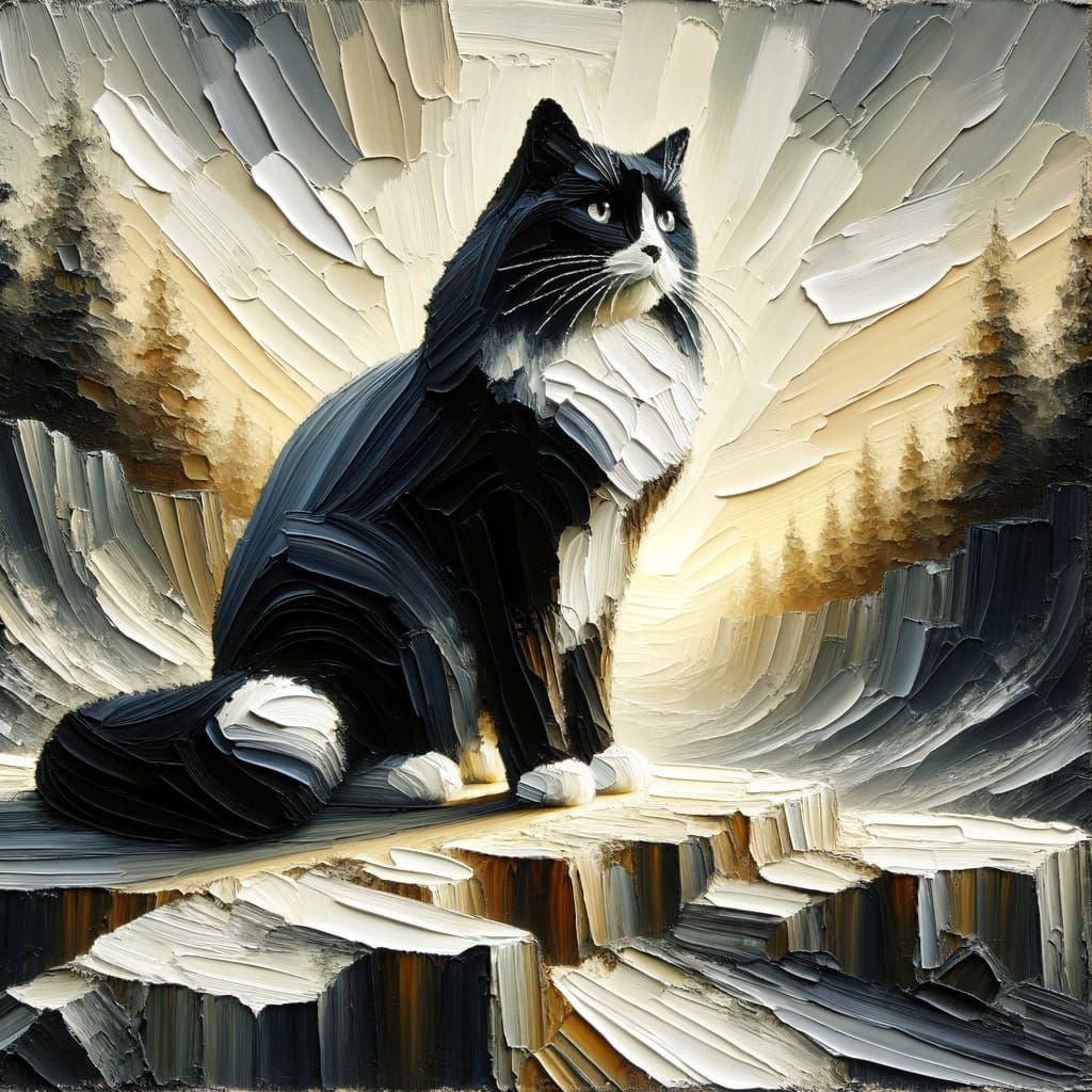 Majestic Tuxedo Cat on Rock: Impasto Painting