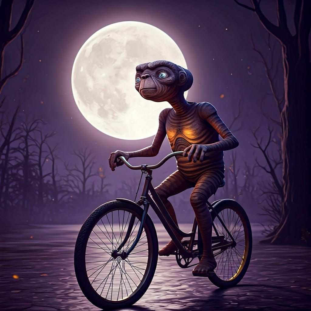 ET on Bicycle Under Moon in Fantasy Style
