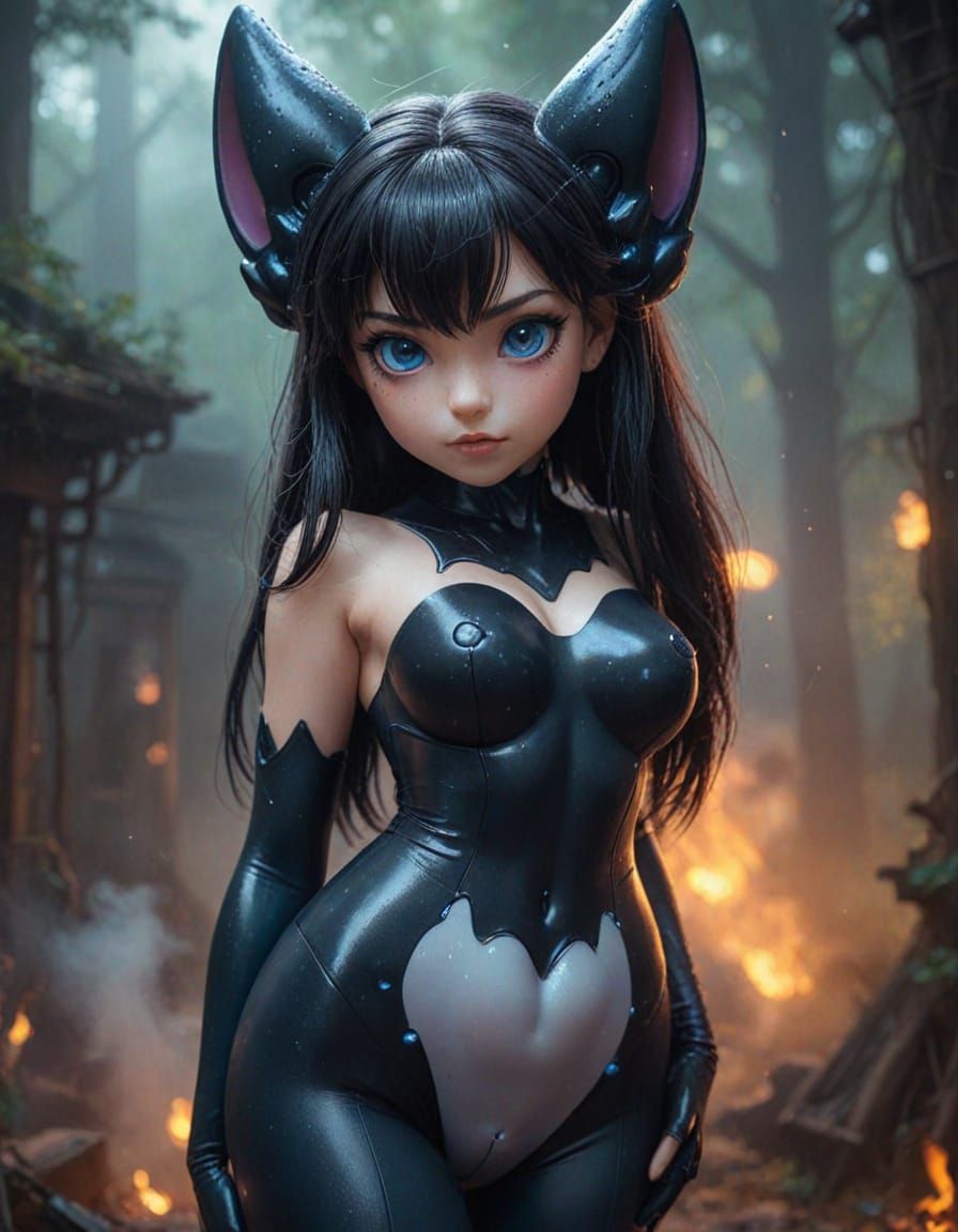 Hyperrealistic Pin-Up Mewtwo in Whimsical Fantasy Landscape