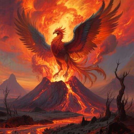 Majestic Phoenix Rising from Volcanic Eruption